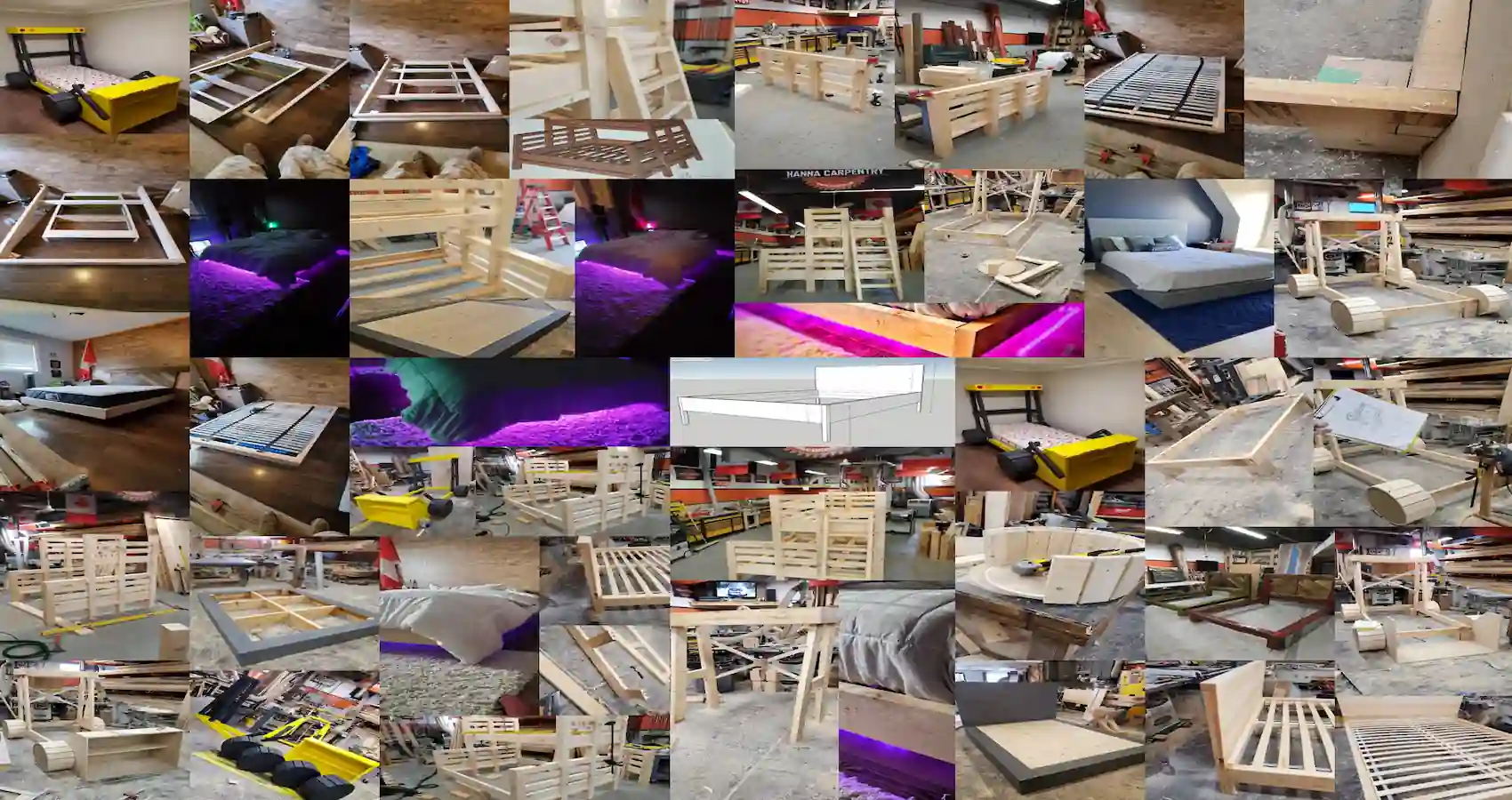 A collection of custom solid wood beds, including bunk beds and floating platform beds.