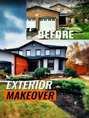 A before and after comparison of a house, going from dated red brick to modern grey.