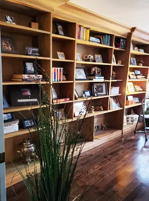 Custom built-in cabinetry and shelving unit in a living room.
