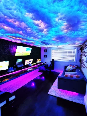 A dynamic cloud ceiling lit with a warm orange and red glow for a dramatic effect.