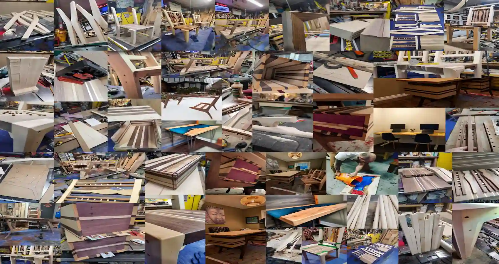 A collection of custom-made exotic wood desks and chairs.