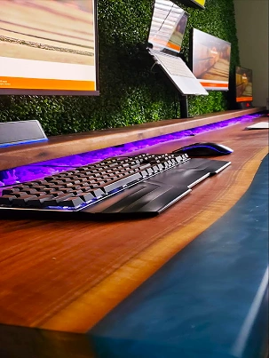 Close up of an illuminated crystal channel in a wooden desk
