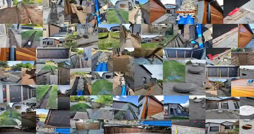 A collage of exterior carpentry projects including fences, decks, and drainage solutions.