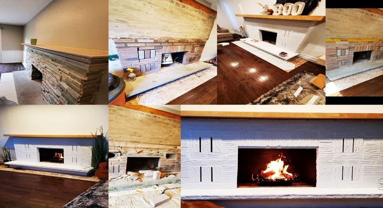 A transformed fireplace, featuring a modern facelift with new masonry and a custom wood mantel.