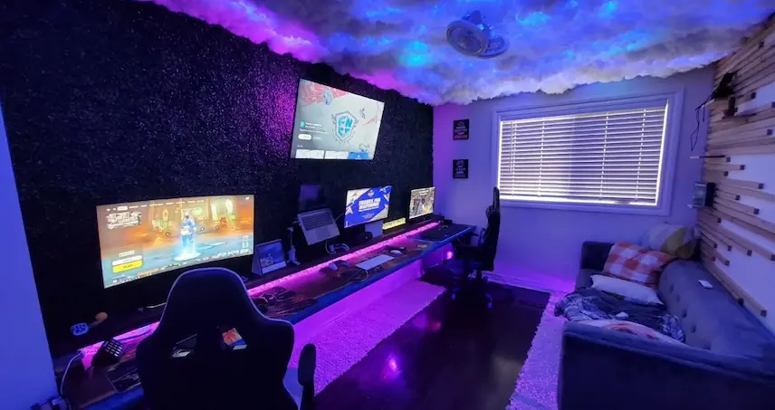 A collage of immersive environment projects, including a gaming room and cloud ceiling.