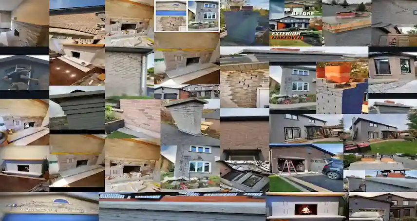 A collage of masonry restoration projects including chimneys and fireplaces.