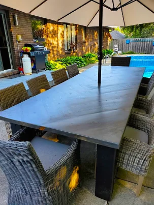 Herringbone style joinery on an outdoor wooden table