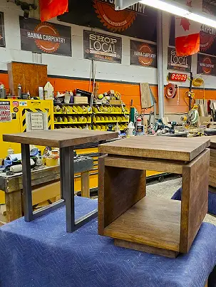 A custom-built wood side table designed as a finishing touch for an entryway.