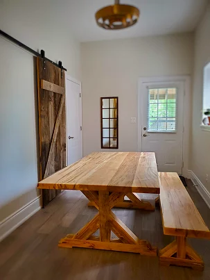 A rustic and refined dining table made from solid Wormy Maple.