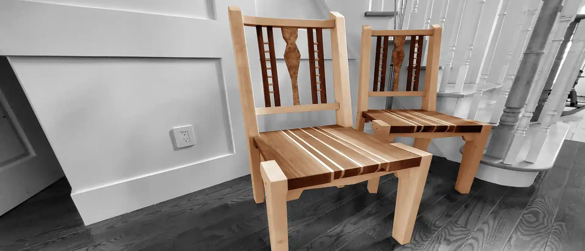 Handcrafted wooden dining chairs with custom inlays
