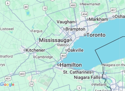 A map showing the service area for Hanna Carpentry in Oakville, Ontario.